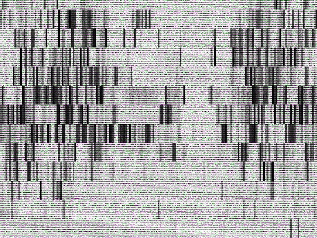 Abstract digital art: mixed pixelated lines in monochrome shades resembling a TV glitch.
